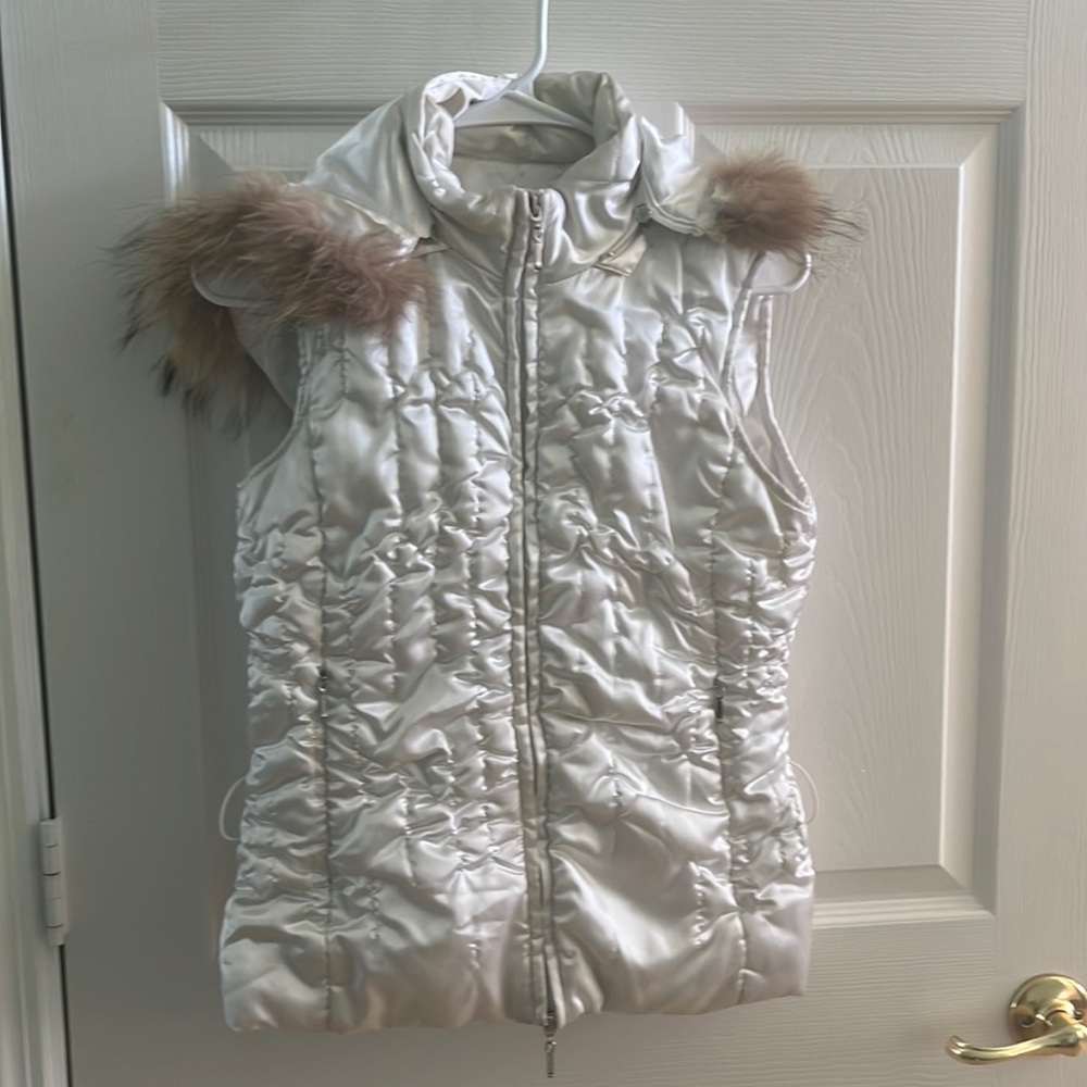 Shinny vest with rabbit fur lined hood